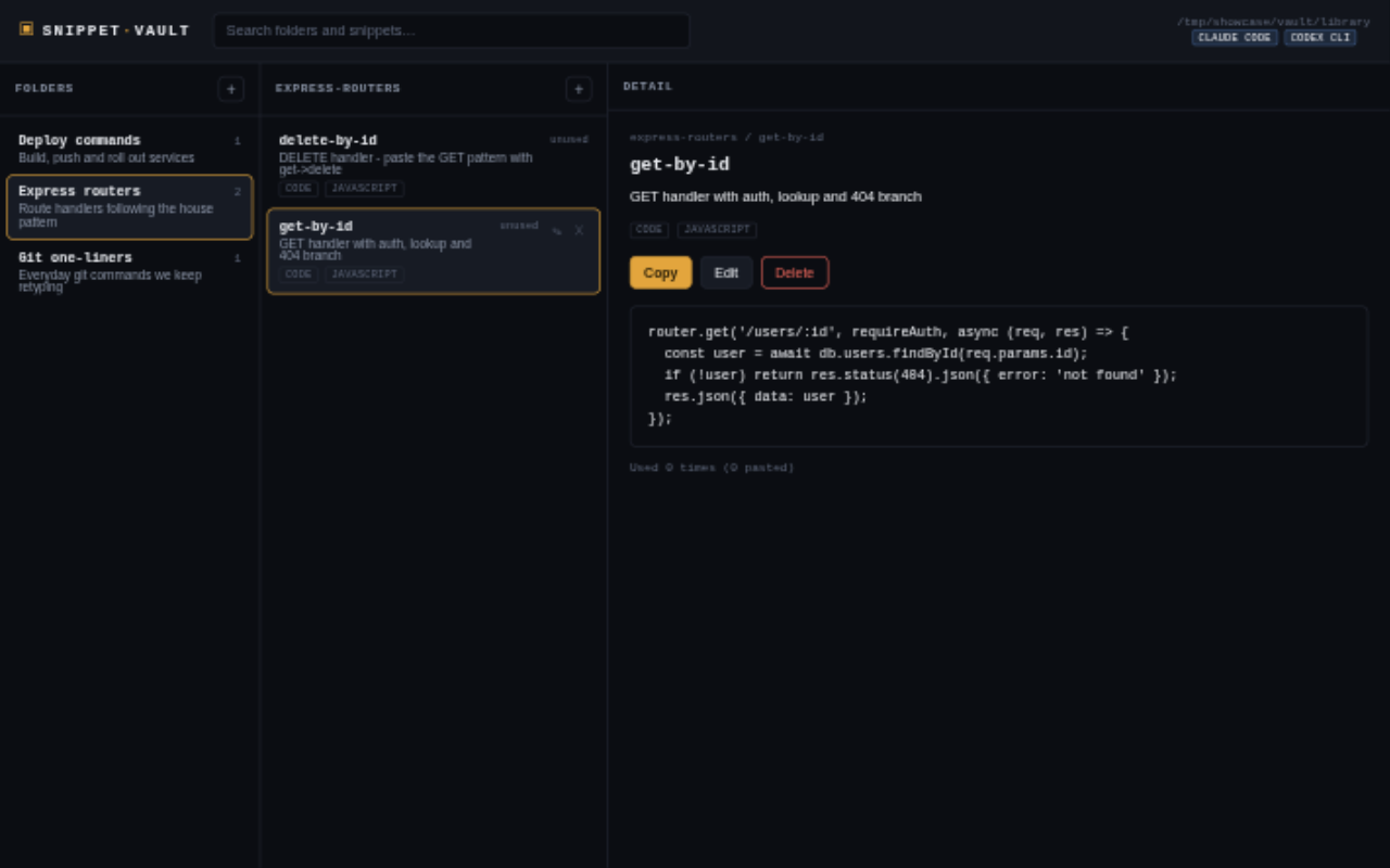 Snippet Vault's three-pane window: folders, snippet list, and the stored code with paste statistics